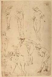 Tutkimus paimenista tietäjien palvontaa varten; Leonardo da Vincin kynäpiirros valkoiselle paperille, joka säilytetään Wallraf-Richartz-museossa Kölnissä.